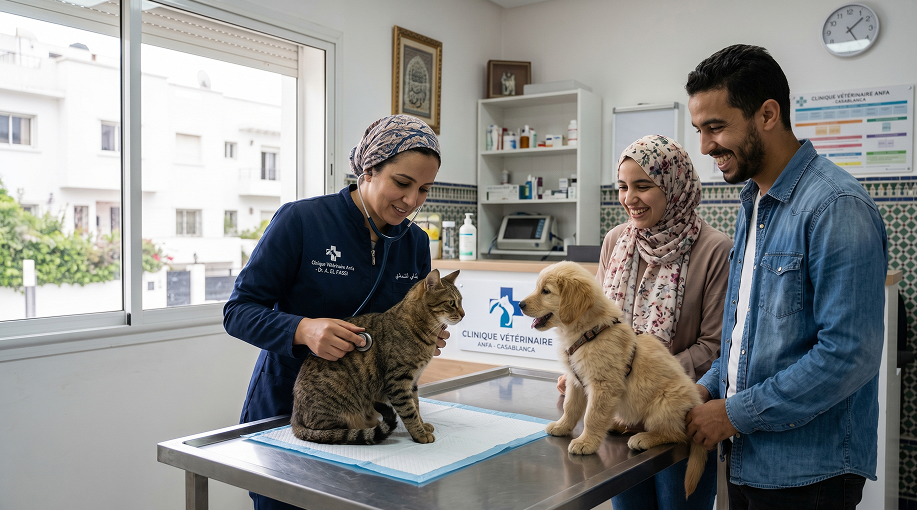 Vétérinaire examinant un chat et un chiot dans une clinique à Casablanca, Maroc