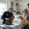 Vétérinaire examinant un chat et un chiot dans une clinique à Casablanca, Maroc