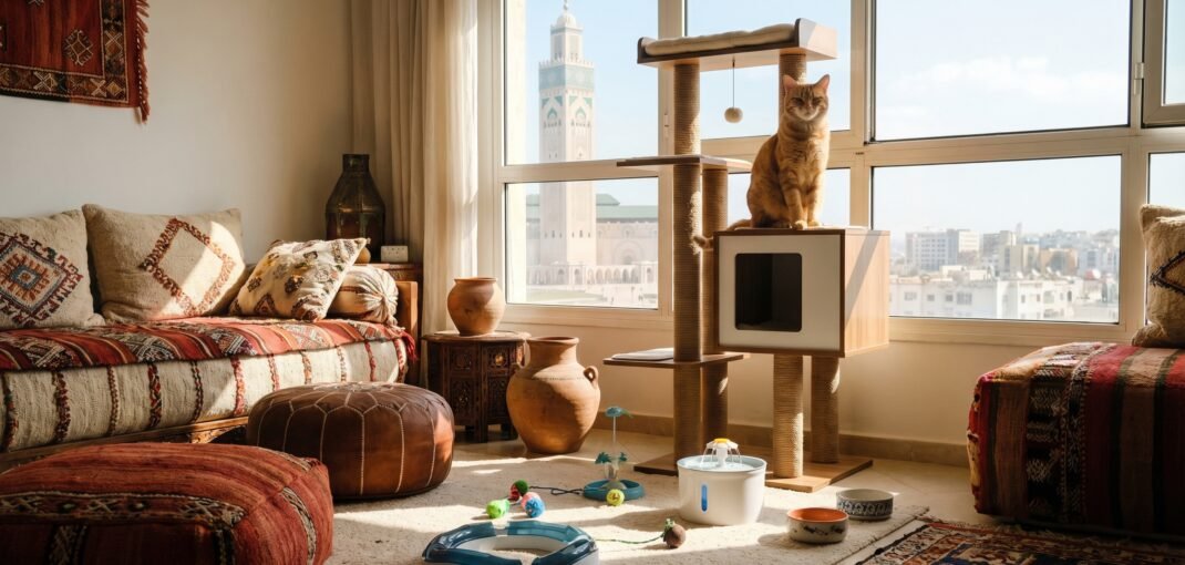 Chat heureux sur un arbre à chat dans un appartement à Casablanca, Maroc.