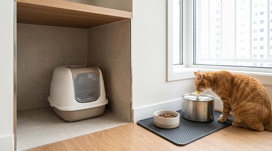 Le coin repas et le coin propreté doivent être bien pensés pour respecter les habitudes naturelles du chat.