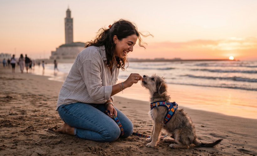 Femme éduquant un chiot sur une plage au Maroc au coucher du soleil.