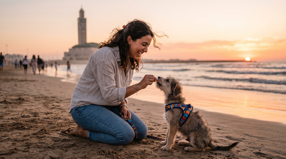Femme éduquant un chiot sur une plage au Maroc au coucher du soleil.