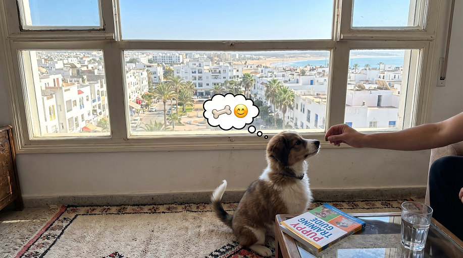 Femme éduquant un chiot sur une vue de plage d'Agadir.