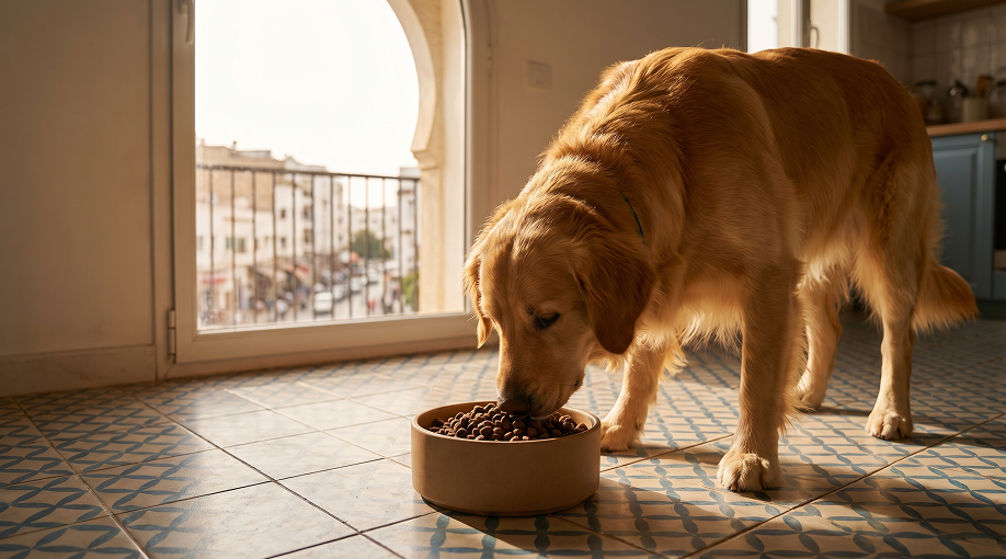 Golden Retriever mangeant des croquettes dans une gamelle au Maroc.