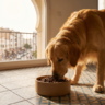Golden Retriever mangeant des croquettes dans une gamelle au Maroc.