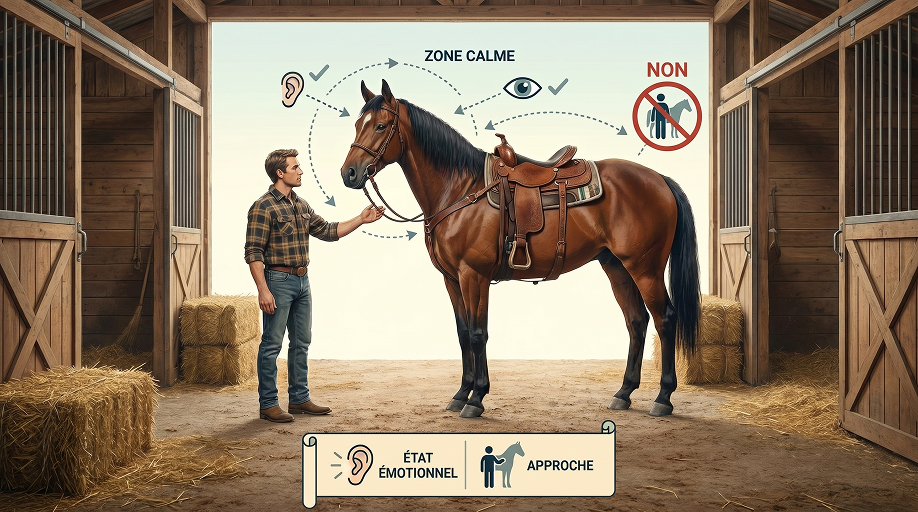 comment approcher un cheval: Personne approchant un cheval calmement par l’épaule en respectant les règles de sécurité et le langage du cheval