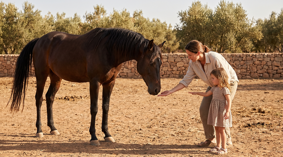 Personne approchant un cheval calmement en observant son langage corporel et ses signes de stress ou de confiance