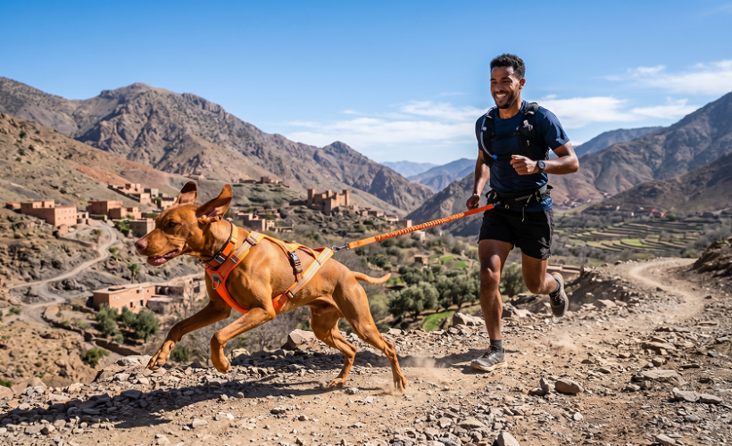 Homme et son chien actif en randonnée dans les montagnes de l'Atlas au Maroc.