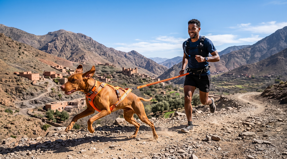 Homme et son chien actif en randonnée dans les montagnes de l'Atlas au Maroc.
