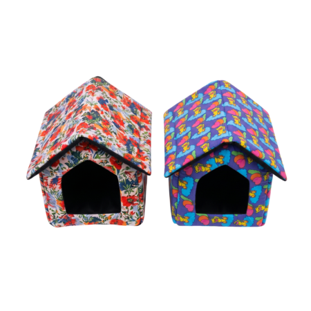 Maisonette Cosy pour chats et petits animaux _ Blanc à motifs & Bleu à motifs