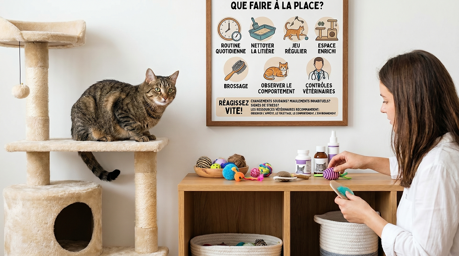 Améliorer le quotidien de votre chat, gardez une routine simple mais stable : litière propre, jeu régulier, espace enrichi, brossage, observation du comportement et suivi vétérinaire.
