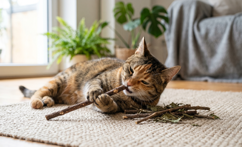 Chat jouant avec un matatabi, alternative naturelle à l’herbe à chat