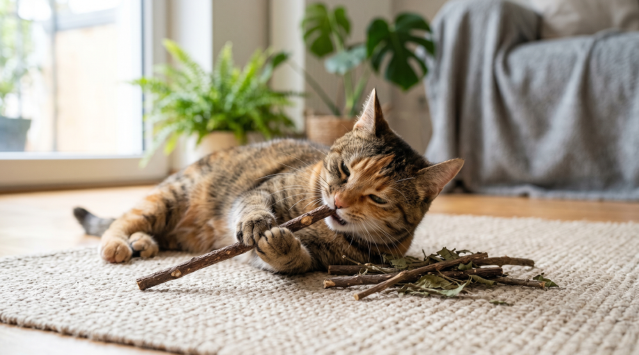 Chat jouant avec un matatabi, alternative naturelle à l’herbe à chat