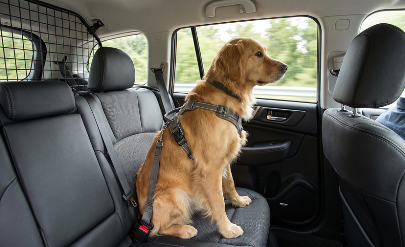 Chien attaché en voiture avec un équipement de sécurité adapté pour voyager en toute sécurité
