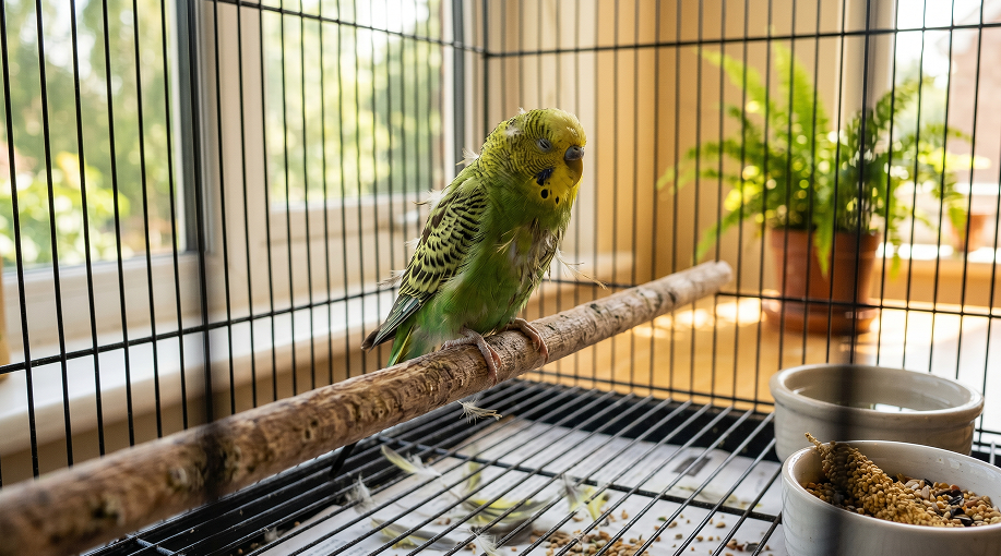 Perruche calme sur son perchoir pendant la période de mue et les fortes chaleurs