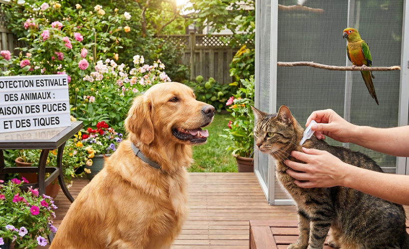 Chien, chat et oiseau protégés contre les puces et insectes pendant la saison chaude