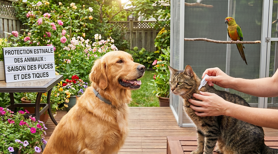 Chien, chat et oiseau protégés contre les puces et insectes pendant la saison chaude