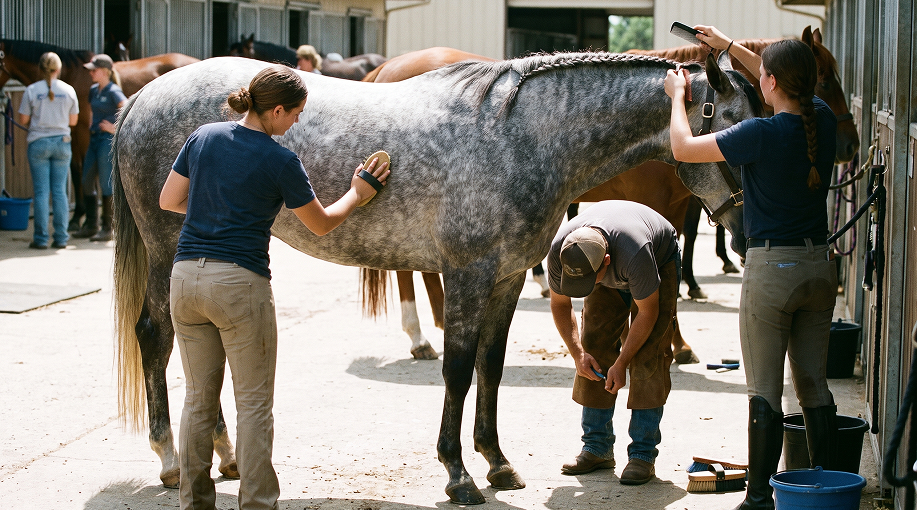 Toilettage cheval avec brossage, nettoyage des sabots et entretien de la crinière