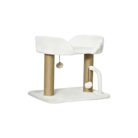 PawHut Arbre à Chat Griffoir Design 2 Poteaux Sisal avec Pompons Suspendus
