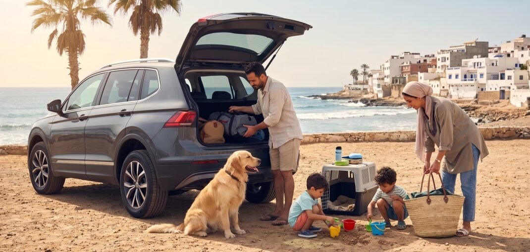 Famille en vacances avec son chien préparant les accessoires indispensables pour voyager