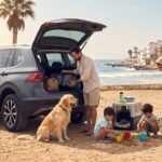 Famille en vacances avec son chien préparant les accessoires indispensables pour voyager