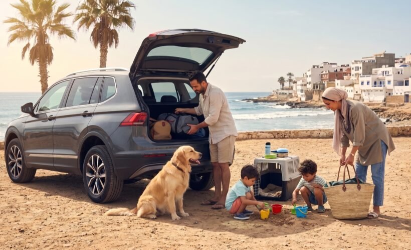 Famille en vacances avec son chien préparant les accessoires indispensables pour voyager
