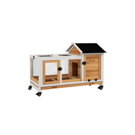 Clapier cage à lapins rongeurs sur roulettes 2 portes verrouillables - 108 x 58 x 73,5 cm bois massif jaune