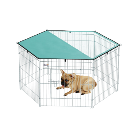 PawHut Parc pour chien, enclos chien 6 panneaux avec toit, modulable et pliable, enclos portable 60H cm avec porte, clôture pour chat, chiens de petit taille, intérieur et extérieur, argent, vert