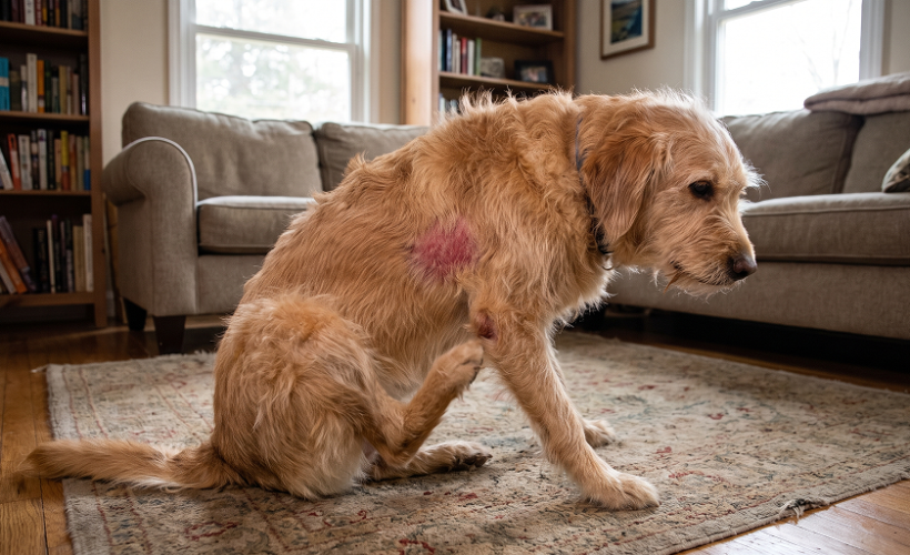Chien se gratte beaucoup à la maison avec une irritation visible sur la peau