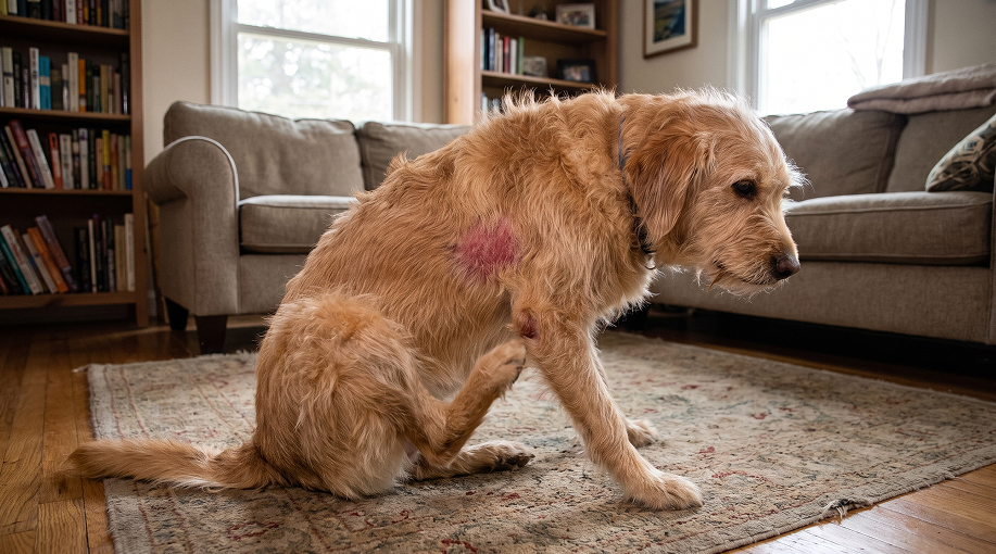 Chien se gratte beaucoup à la maison avec une irritation visible sur la peau