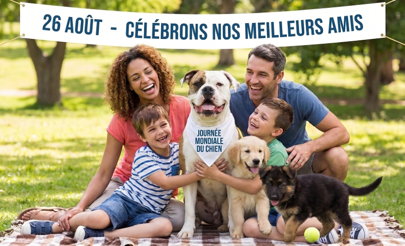 Journée mondiale du chien le 26 août avec un chien heureux et sa famille