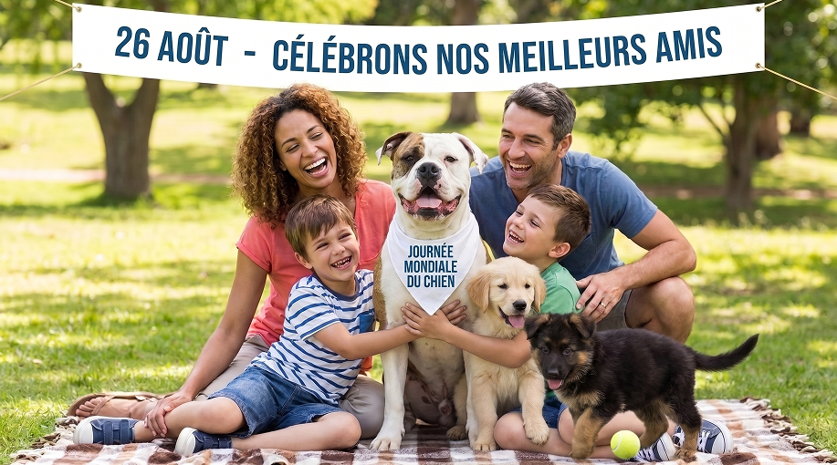 Journée mondiale du chien le 26 août avec un chien heureux et sa famille